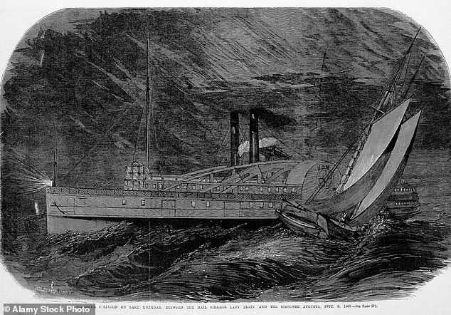 On the night of September 8, 1860, Lady Elgin was making her return voyage to Milwaukee, carrying a group of mostly Irish passengers, when a violent storm swept across the lake -resulting in an unlit schooner colliding with the ship (pictured: illustrated wreck)