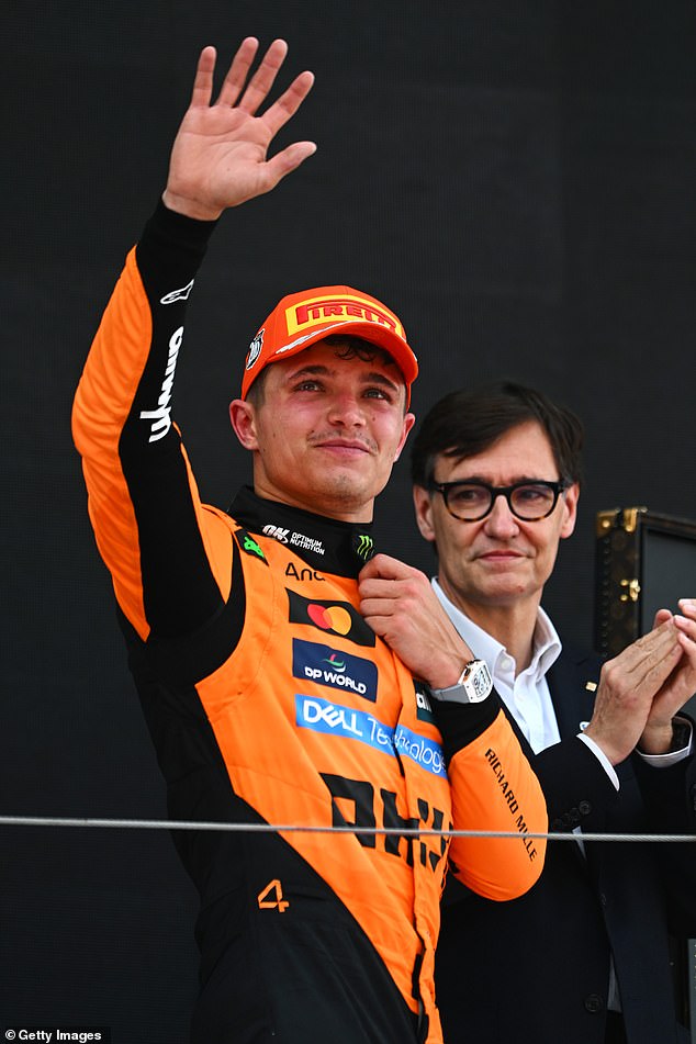 Norris (pictured) admitted: 'I just didn’t have the pace to match him [Piastri]. It was a good, fun race, to finish one-two is even better'