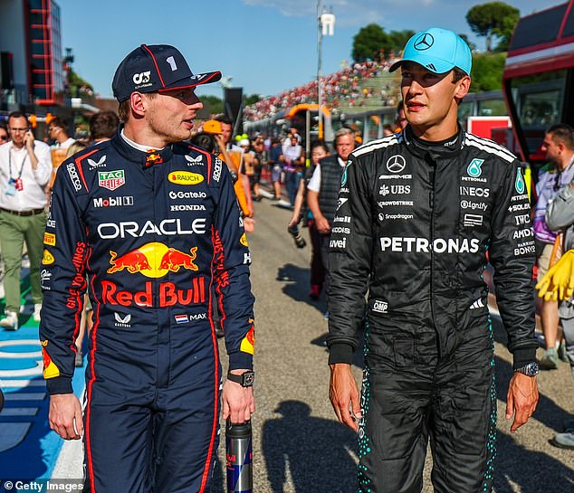 Russell (right) and Verstappen, pictured side by side at last month's Emilia-Romagna Grand Prix, have previously clashed on multiple occasions and are seemingly not the best of friends