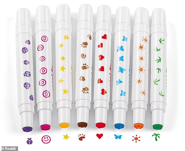 The strange smiley face turned out to be the tip of a small toy commonly used by kids - a mini stamper - specifically, the Lakeshore brand set of eight mini stampers, featuring one adorned with the exact same pink smiley face (pictured)