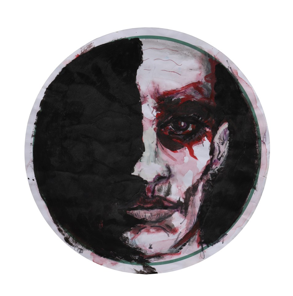 Painting of a man's face, half obscured by black paint.