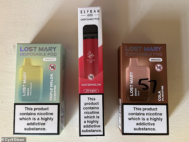 One shopkeeper sold us a watermelon-flavoured 20mg/ml Elfbar 600 disposable pod for £5 (centre). While another sold us a triple melon-favoured Lost Mary BM600 disposable for £5 (left)