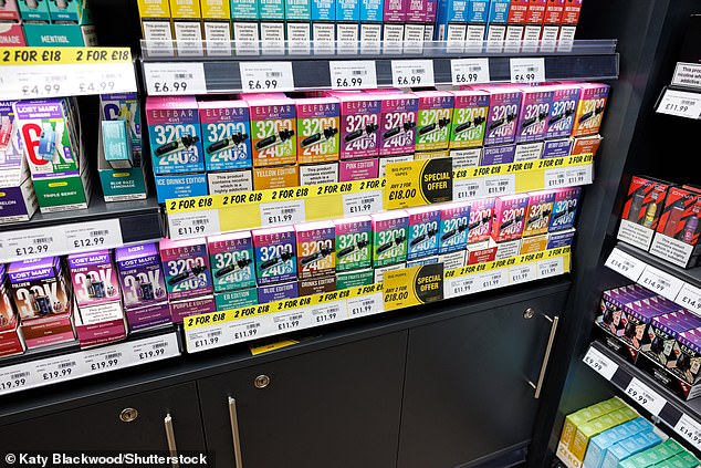 So-called 'ban-proof' refillable ElfBar vapes on sale in a convenience store during the final day before the disposable vape ban -- May 31, 2025