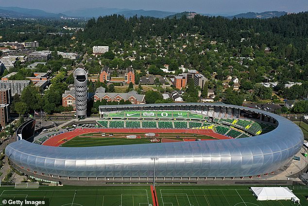 In an aerial view, Hayward Field is seen ahead of the 2023 USATF Outdoor Championships