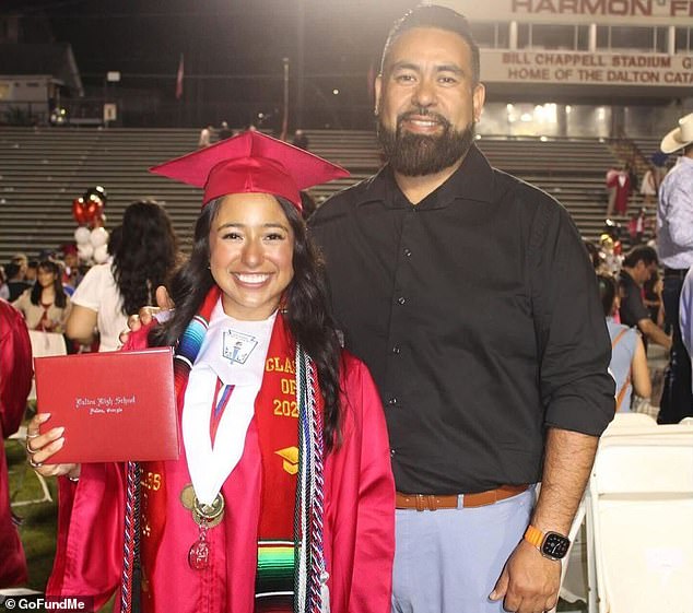 Two weeks before the teen's arrest, her father, Jose Francisco Arias-Tovar, was detained by ICE agents after being stopped by police for speeding and driving without a license. He was released from custody on bond. (pictured: Arias-Cristobal and her father)