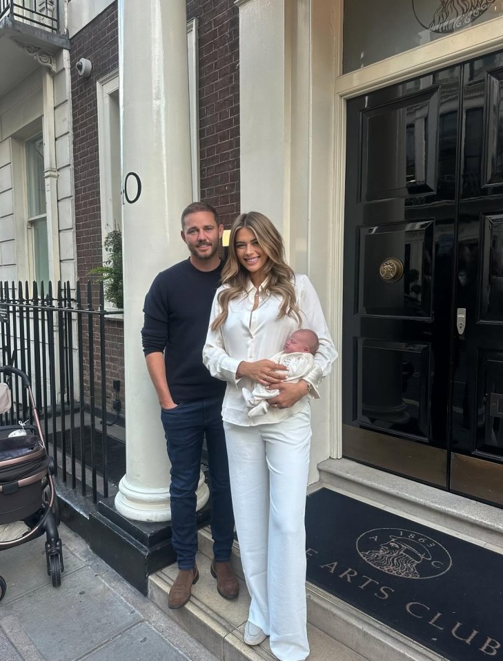 Arabella Chi and her partner leaving the Arts Club with their newborn baby.