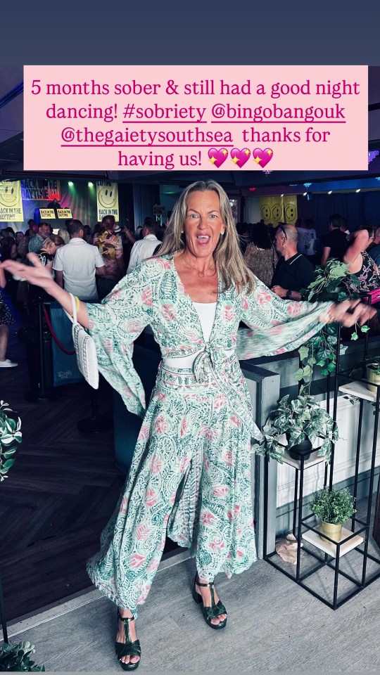 Lorraine Stanley at a nightclub, celebrating 5 months of sobriety.