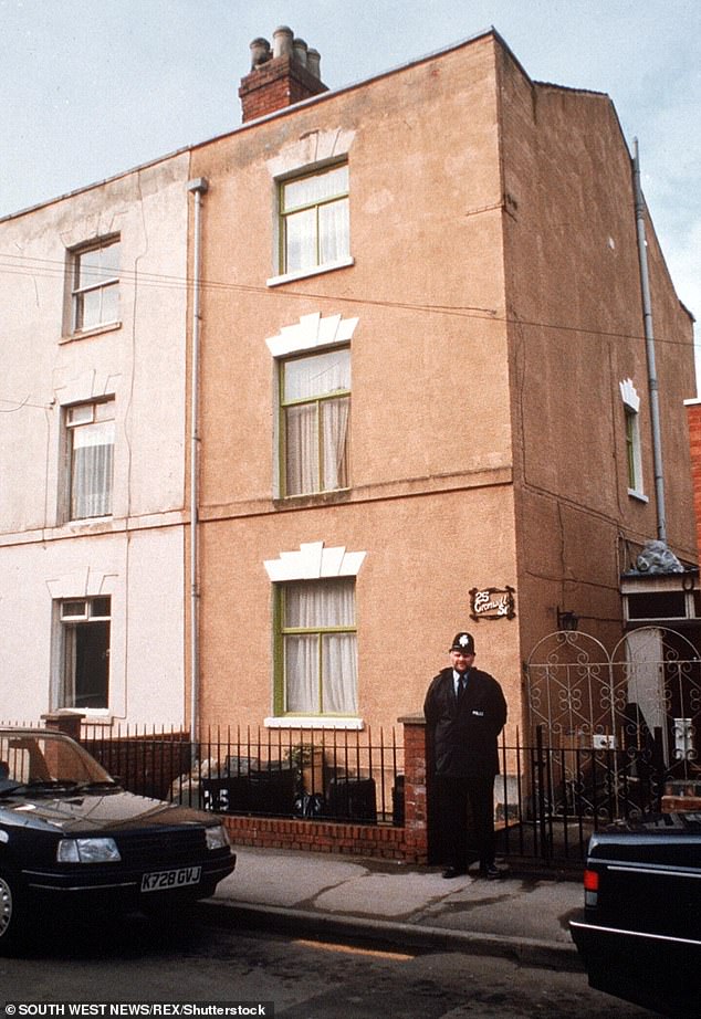 Pictured: A police officer stands outsite the 'House of Horrors' on 25 Cromwell Street in Gloucester, where Fred and Rose West committed many of their murders