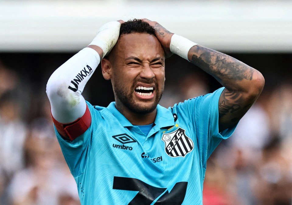 Neymar Jr. of Santos FC reacting during a soccer match.