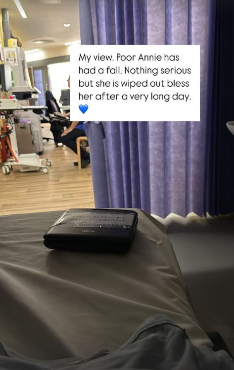 Hospital room view with a note about a child's fall.
