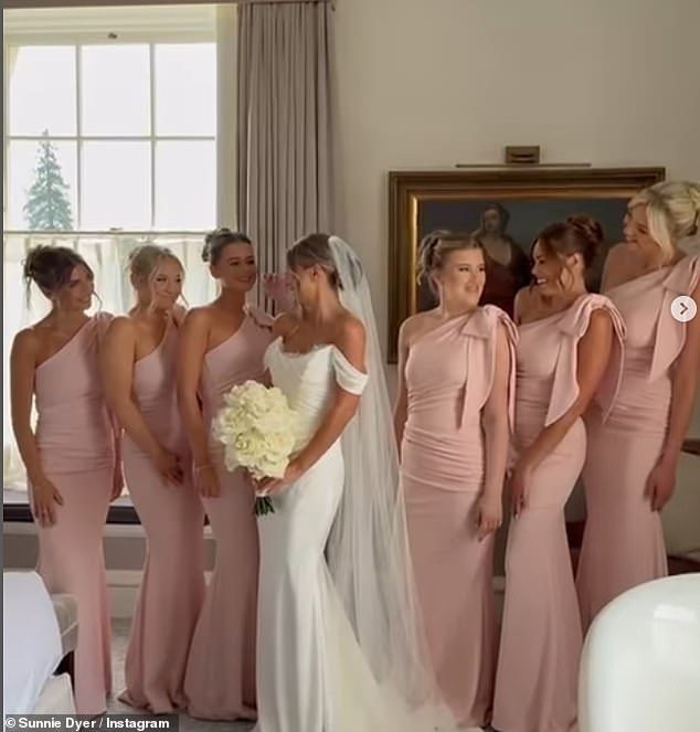 Dani's sister Sunnie (pictured third left), who was one of six bridesmaids, also shared photos over the weekend, with the wedding party matching in one shoulder pink dresses