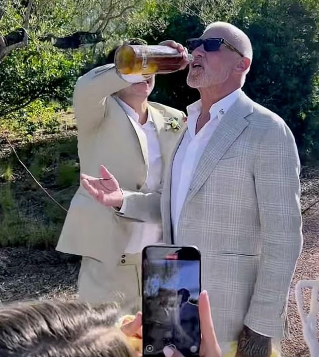 In a video shared to Instagram, Gary necked back the drink before the bottle was passed to his entrepreneur younger brother, 62, with the pair having seemingly buried the hatchet for the family event