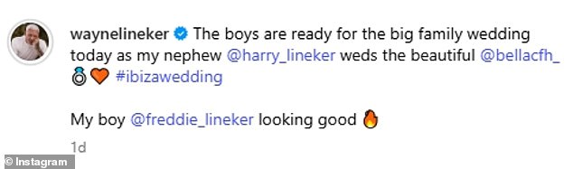 Captioning his post, he penned: 'The boys are ready for the big family wedding today as my nephew @harry_lineker weds the beautiful @bellacfh_ #ibizawedding'