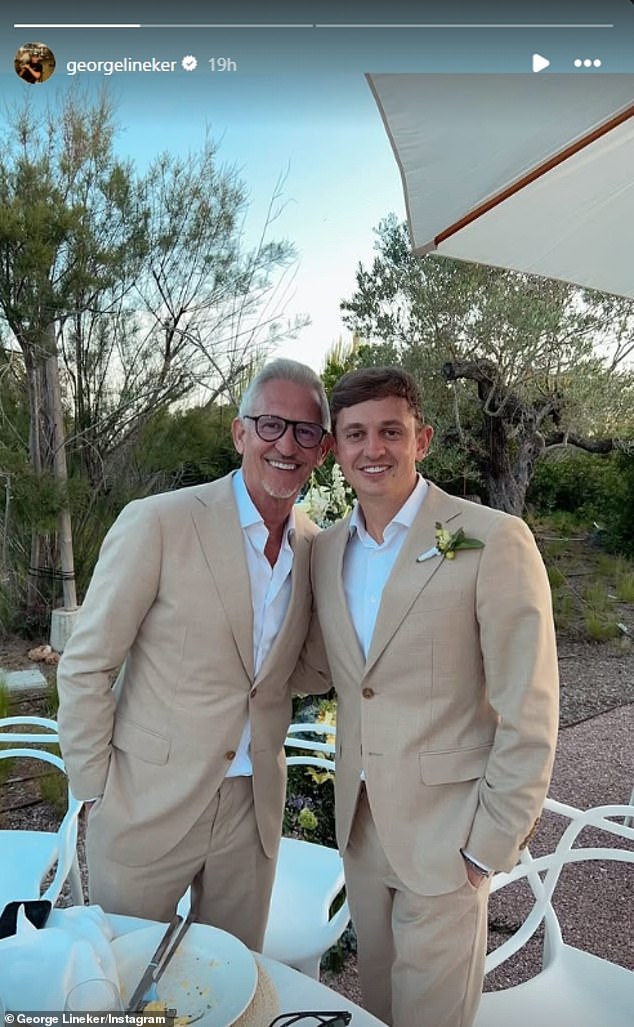 Meanwhile, Gary cut a very sharp figure in a tan blazer as he posed eldest son George, with their matching attire indicating they were both groomsmen