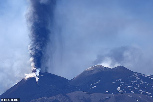 Volcanic steam rises from Mount Etna, near Motta Camastra, Sicily, Italy