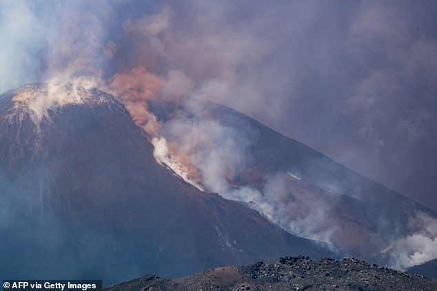 Smoke rises from the crater of the Etna volcano as it erupts