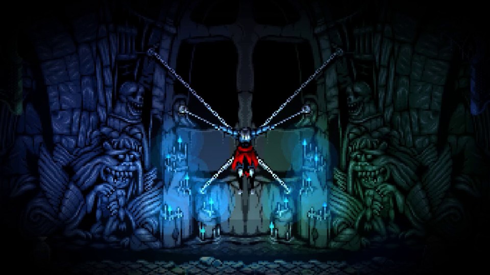 Illustration of a video game scene showing a character suspended between two stone structures with glowing blue markings.