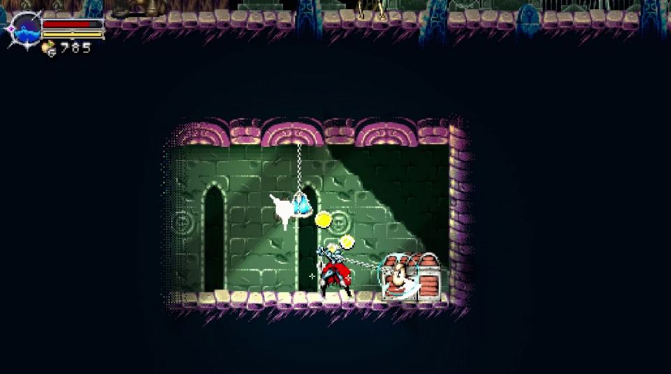 Screenshot of a video game showing a character pulling a chest with a chain.
