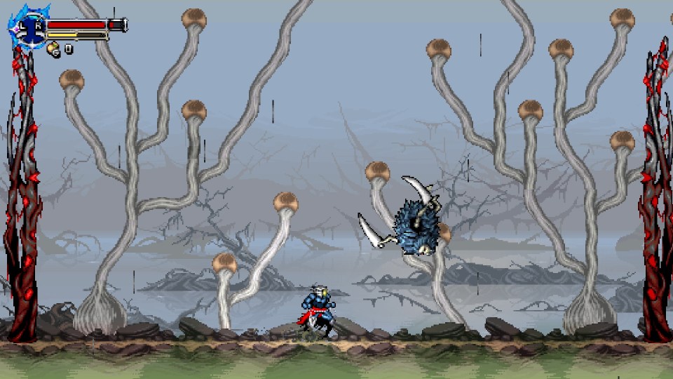 Screenshot of a video game showing a character fighting a boss in a swamp-like environment with large, mushroom-like plants.