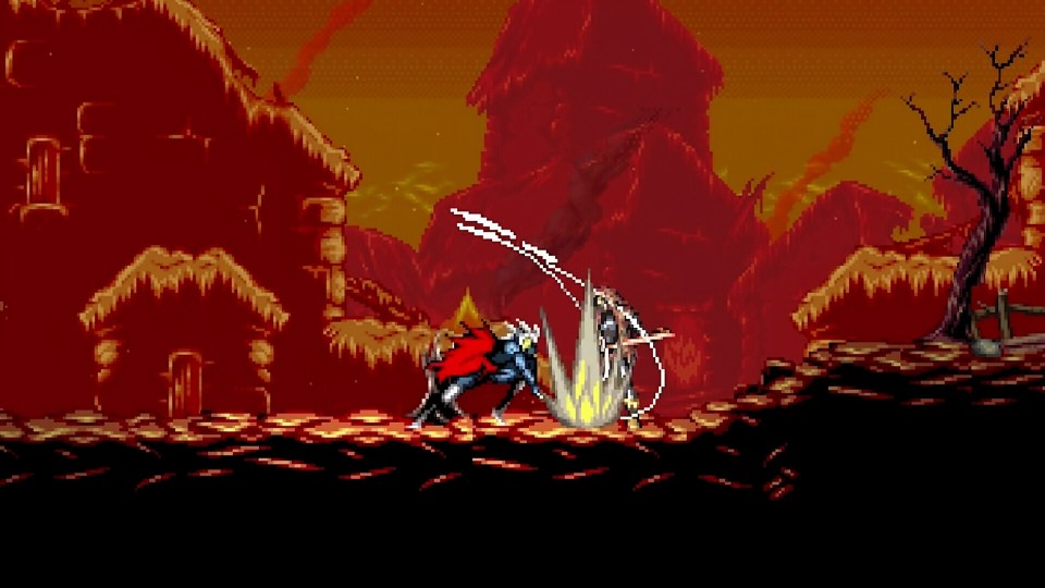 Illustration of a video game battle scene in a fiery landscape.
