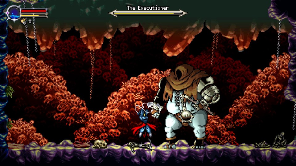 Illustration of a video game scene showing a battle between a small character and a large hooded figure amidst a pile of skulls.
