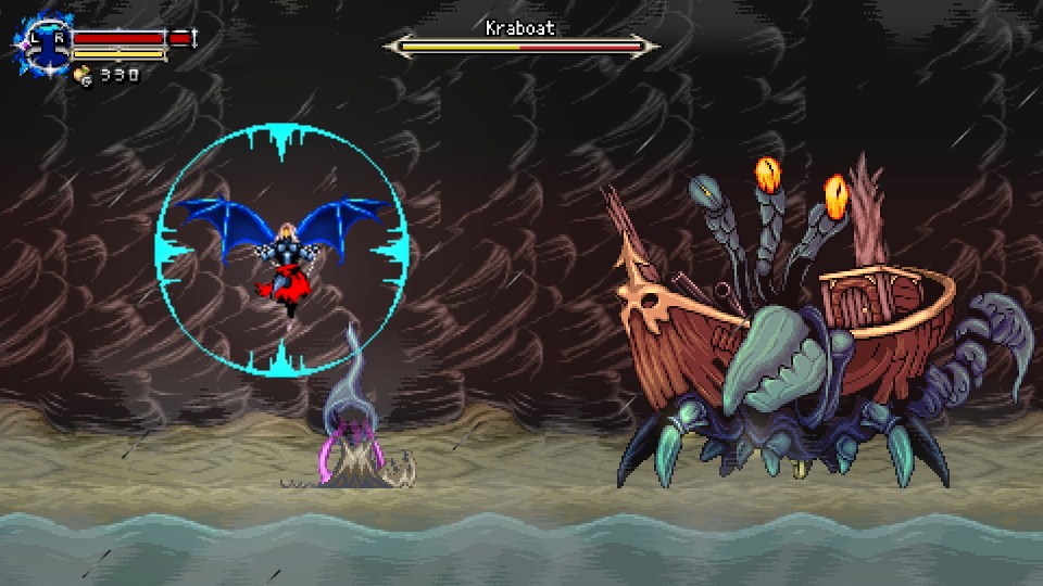 Illustration of a video game scene showing a winged character battling a crab-like creature.