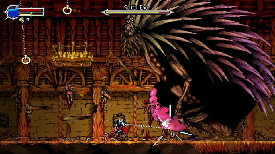 Screenshot of a video game showing a character battling a large, feathered creature.