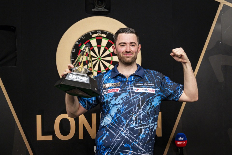 Mandatory Credit: Photo by Godfrey Pitt/Action Plus/Shutterstock (15325660ch) Luke Humphries celebrates beating Luke Littler to win the BetMGM Premier League 2025; O2 Arena, London, England; 2025 PDC Premier League Darts London, Play Offs. Premier League Darts, Play Offs, The 02 Arena, London, UK - 29 May 2025