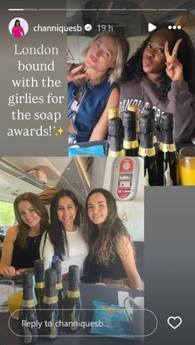 Corrie star Channique Sterling-Brown posted 'London bound with the girlies for the soap awards'