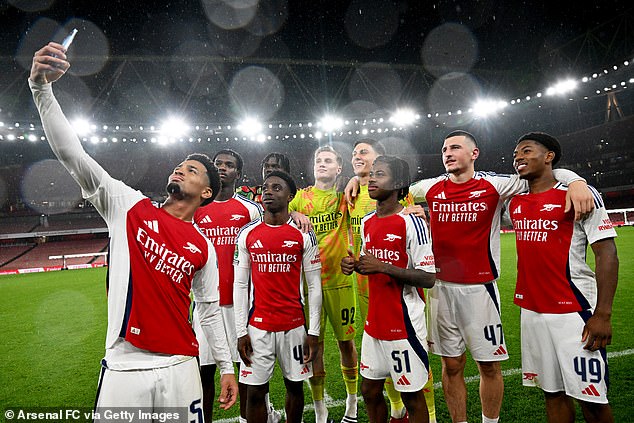 Heaven (second left) made just one senior appearance for Arsenal and came through with the likes of Ethan Nwaneri (furthest left) and Myles Lewis-Skelly (furthest right)