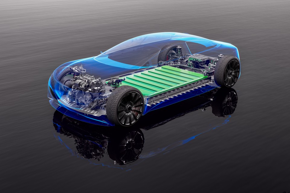 Illustration of an electric vehicle with a transparent body, showing its internal components including the battery.