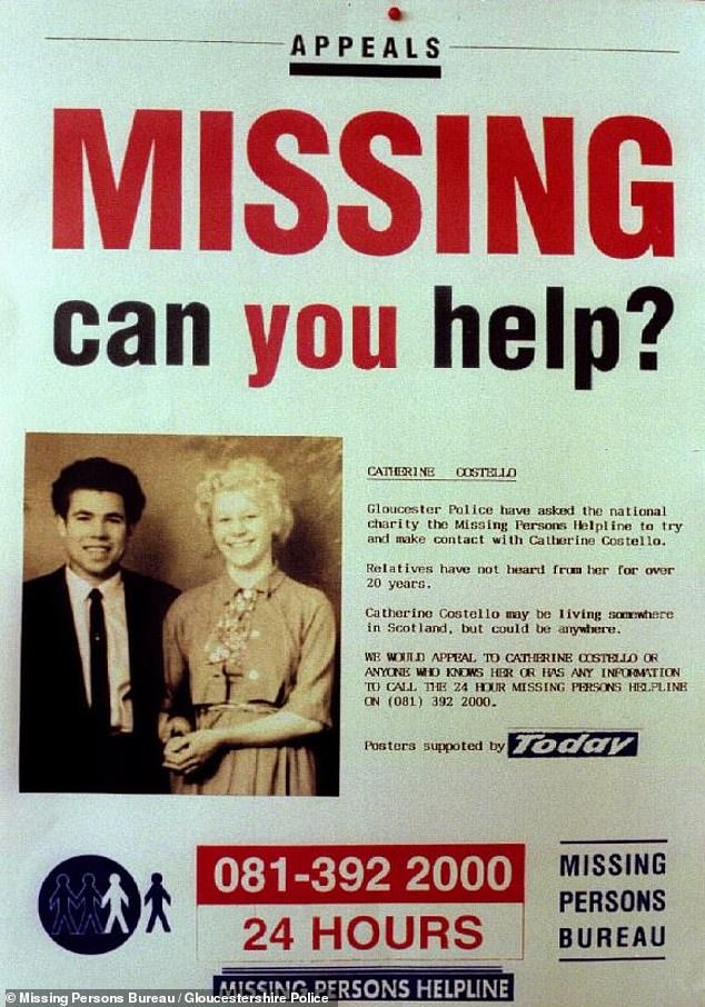 A missing persons poster from 1994 from Gloucester Police about the whereabouts of Catherine Costello, featuring a wedding photo of Fred West and his first wife Rena