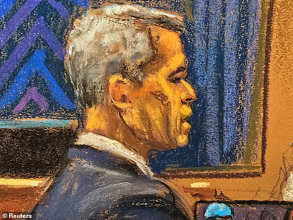 Brian Steel, Sean "Diddy" Combs' defense lawyer, questions witness "Mia" as she testifies in Combs' sex trafficking trial in New York City, New York, U.S., May 30, 2025 in this courtroom sketch. REUTERS/Jane Rosenberg