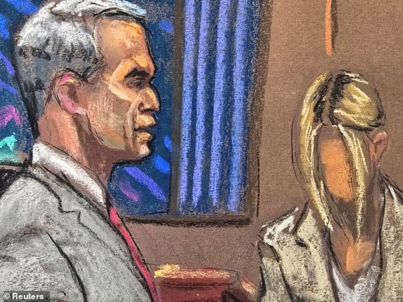 Brian Steel, Sean "Diddy" Combs' defense lawyer, questions witness "Mia" as she testifies in Combs' sex trafficking trial in New York City, New York, U.S., June 2, 2025 in this courtroom sketch. REUTERS/Jane Rosenberg