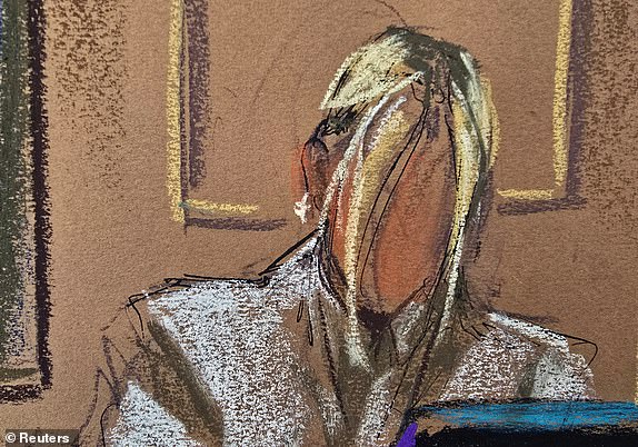 Sean "Diddy" Combs' defense lawyer Brian Steel (not seen) questions witness "Mia" as she testifies in Combs' sex trafficking trial in New York City, New York, U.S., May 30, 2025 in this courtroom sketch. REUTERS/Jane Rosenberg
