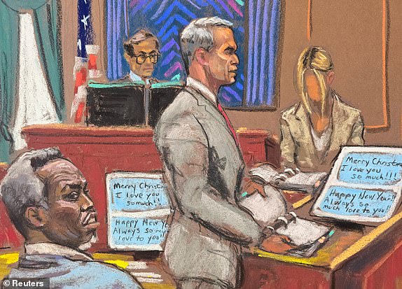 Brian Steel, Sean "Diddy" Combs' defense lawyer, questions witness "Mia" as she testifies in Combs' sex trafficking trial in New York City, New York, U.S., June 2, 2025 in this courtroom sketch. REUTERS/Jane Rosenberg