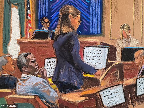 Sean "Diddy" Combs listens as prosecutor Madison Smyser questions witness "Mia" as she testifies in Combs' sex trafficking trial in New York City, New York, U.S., May 30, 2025 in this courtroom sketch. REUTERS/Jane Rosenberg