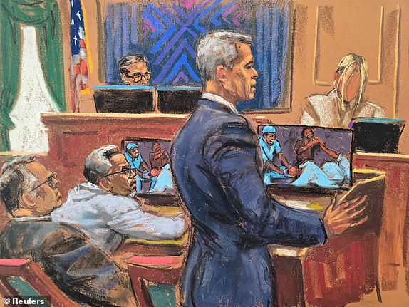 Brian Steel, Sean "Diddy" Combs' defense lawyer, questions witness "Mia" as she testifies in Combs' sex trafficking trial in New York City, New York, U.S., May 30, 2025 in this courtroom sketch. REUTERS/Jane Rosenberg