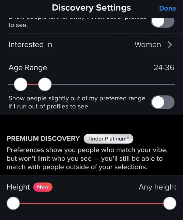 Tinder app settings showing options for age, gender, and height preferences.