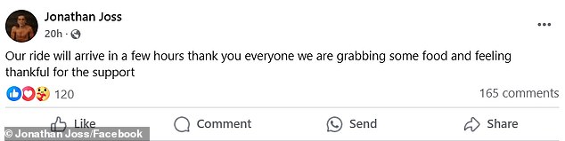 On Sunday morning, Joss thanked fans on Facebook for helping him secure a ride back to San Antonio