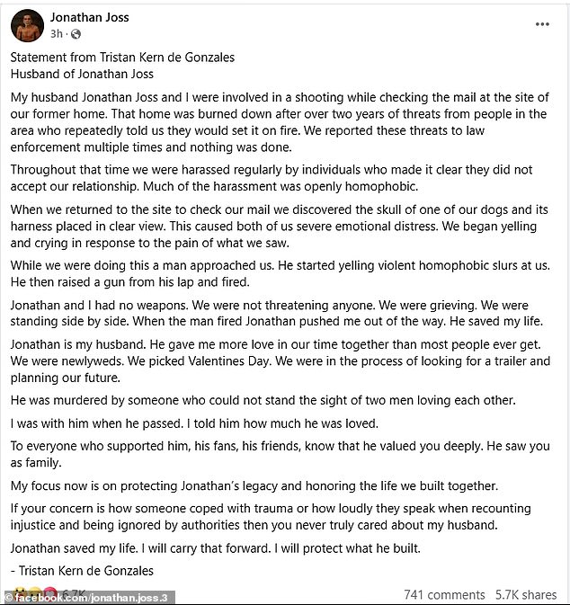 In a statement posted on Joss' Facebook page, Tristan Kern de Gonzales provided background details on the incident, and others that had preceded it