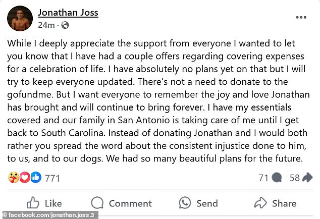 In a follow-up post, de Gonzales addressed his late spouse's followers on plans for a celebration of life ceremony