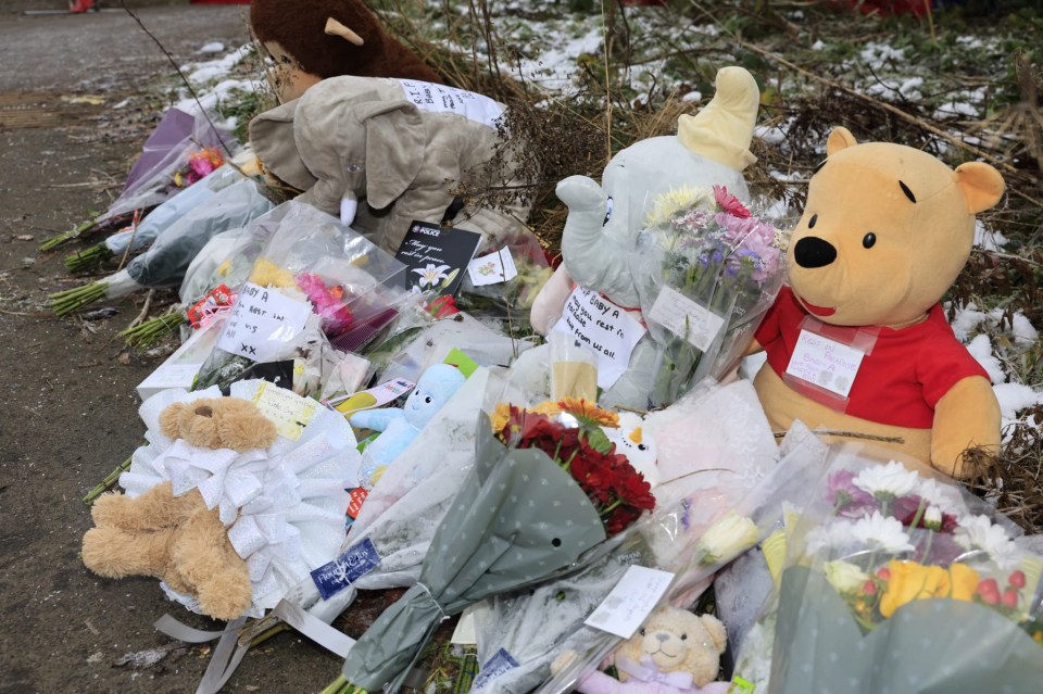 Memorial of flowers and stuffed animals left in tribute to baby Ava.