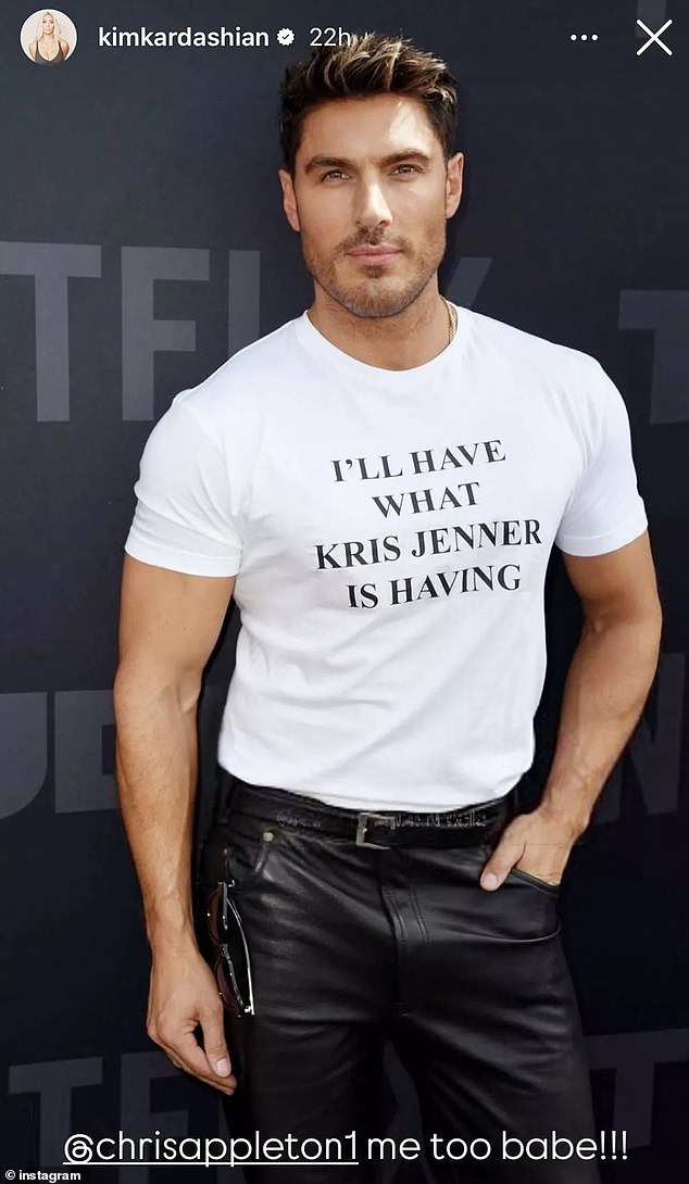 Kim shared a photo of longtime hairstylist Chris Appleton wearing a white shirt that read, 'I'll have what Kris Jenner is having.' Via Instagram Stories, she added the note, '@chrisappleton1 me too babe,' signaling her seal of approval