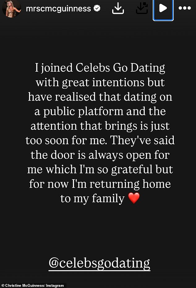 Christine released a statement on Instagram on Thursday night confirming her departure from the E4 show just two weeks after she started filming