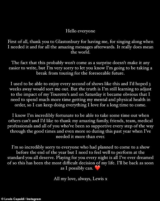 Lewis took to social media after Glastonbury 2023 to announce his hiatus as he said he was taking a break form touring for the foreseeable future