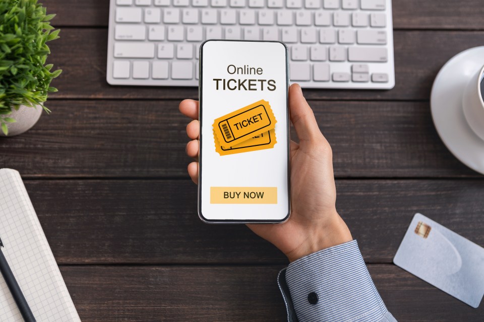 Person holding smartphone displaying online ticket purchase screen.