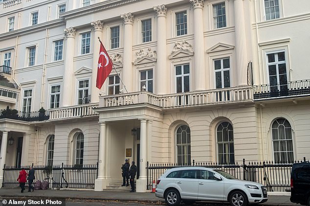 Mr Coskun had been protesting against the Turkish government earlier this year Pictured: a file photo of the Turkish Consulate on Belgrave Square in London