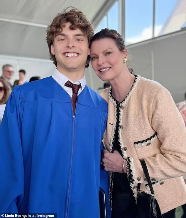The supermodel, 60, looked every inch the proud mother as she posed with her lookalike son, 18, on his big day