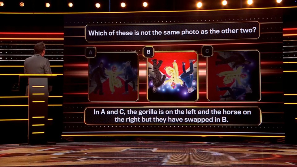 Game show screen showing a question with three images; one image is different from the other two because a gorilla and horse have swapped places.